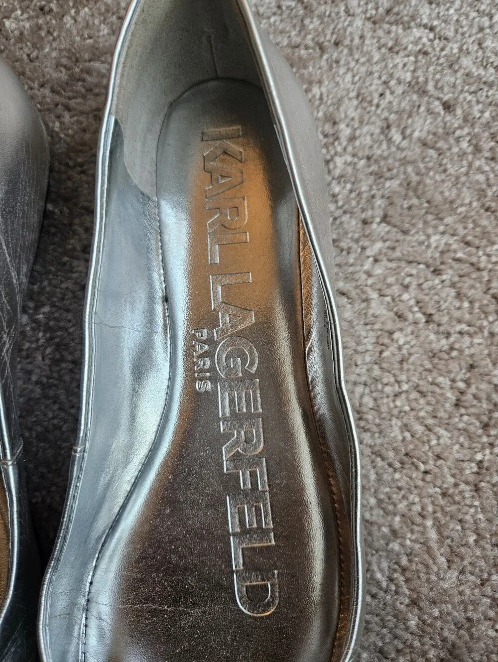 Karl Lagerfeld Silver with Black Cap-Toe Square-Toe Ballet Flats